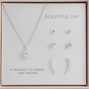 NWT "Beautiful‎ Day" CZ Necklace & 3-Pair Earring Set